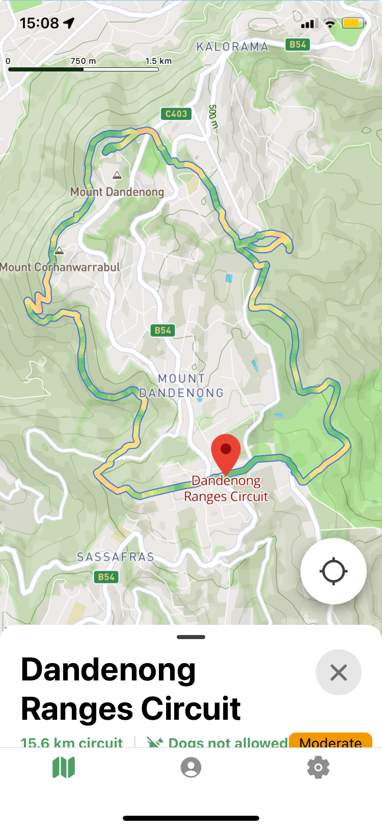 Trail Navigator Victoria map showing a walking route and terrain levels
